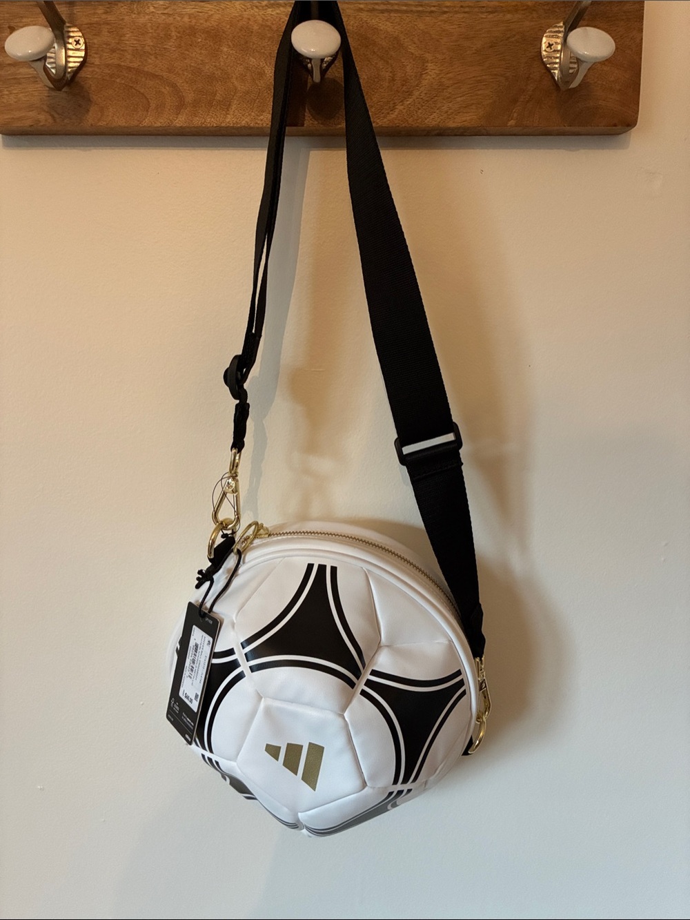NWT Adidas White and Black Soccer Ball Crossbody Purse with Gold Logo